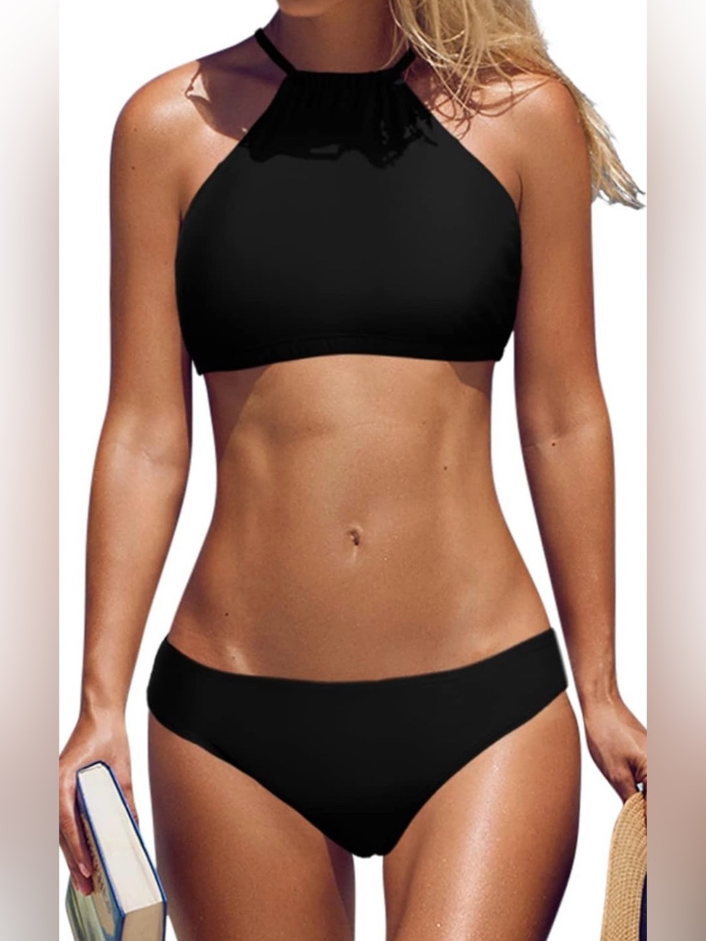 NWT Beautyin Black Halter Top High Neck Swimsuit 2Pc Cross Back Bikini Women’s L